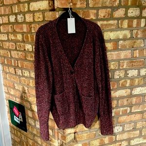 COS cardigan, pink/maroon pattern, NWT, size L